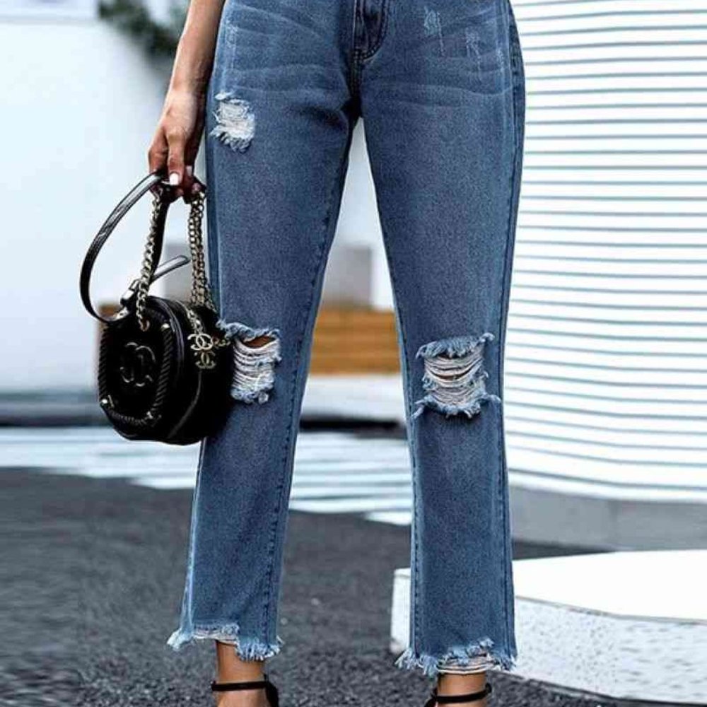 High rise, distressed, raw edge, cropped jeans
